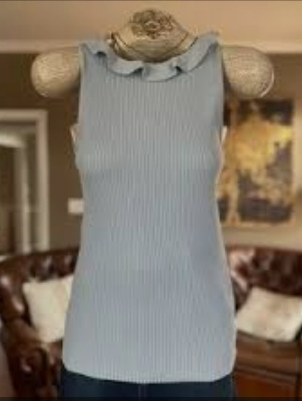 Nwt Ann Taylor Light Blue Ribbed Ruffle-Neck Tank  Sz M